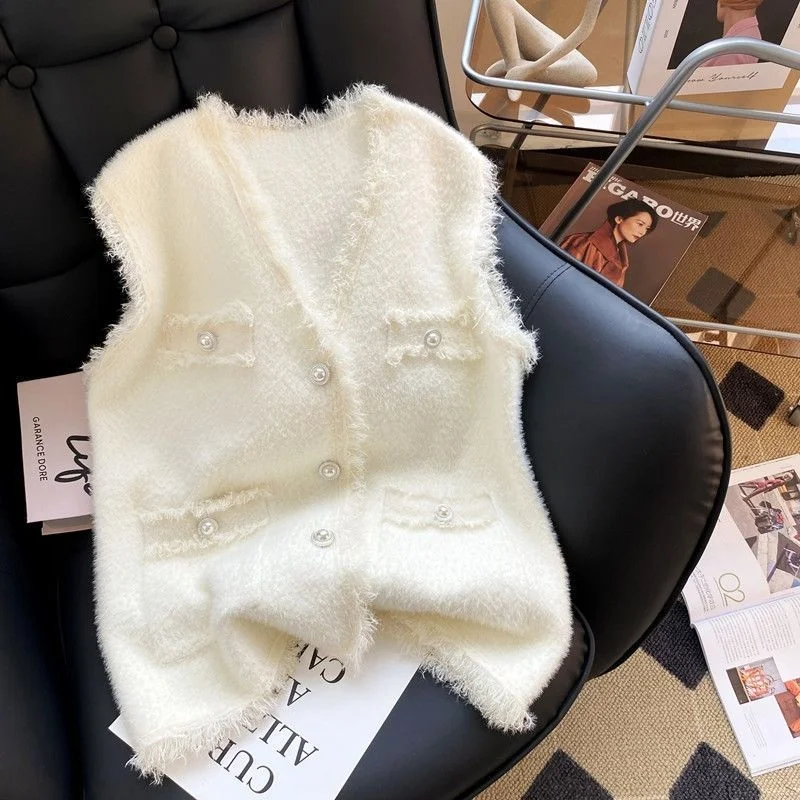 Women's Small Fragrance Sweater Vest Jacket Elegant V-neck Pearl Button Cardigan Pocket New 2022 Fashion Casual Coat Top