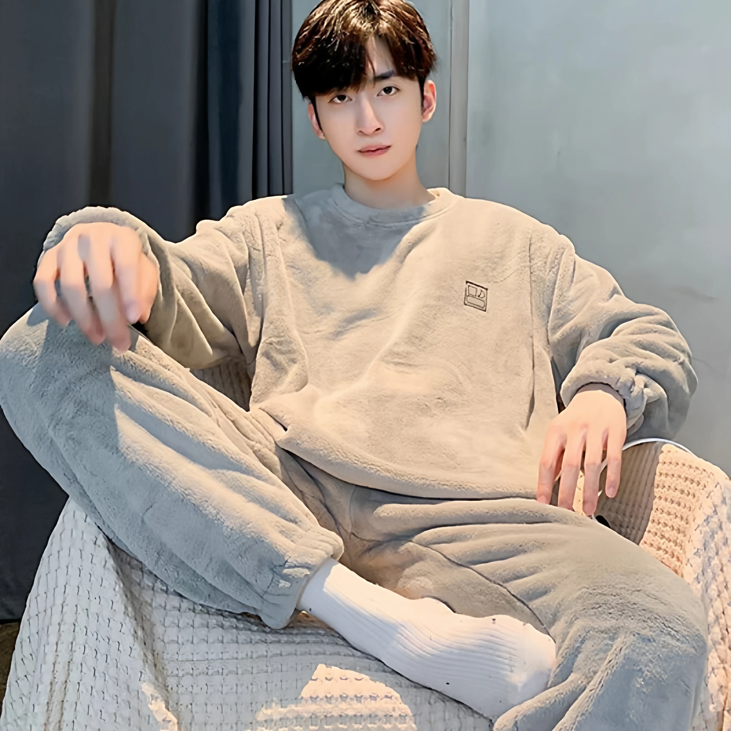 남성용 따뜻한 코랄 플리스 잠옷 겨울 세트 봄 가을 겨울 스타일 오버사이즈 플리스 안감 홈웨어 청소년 및 성인용