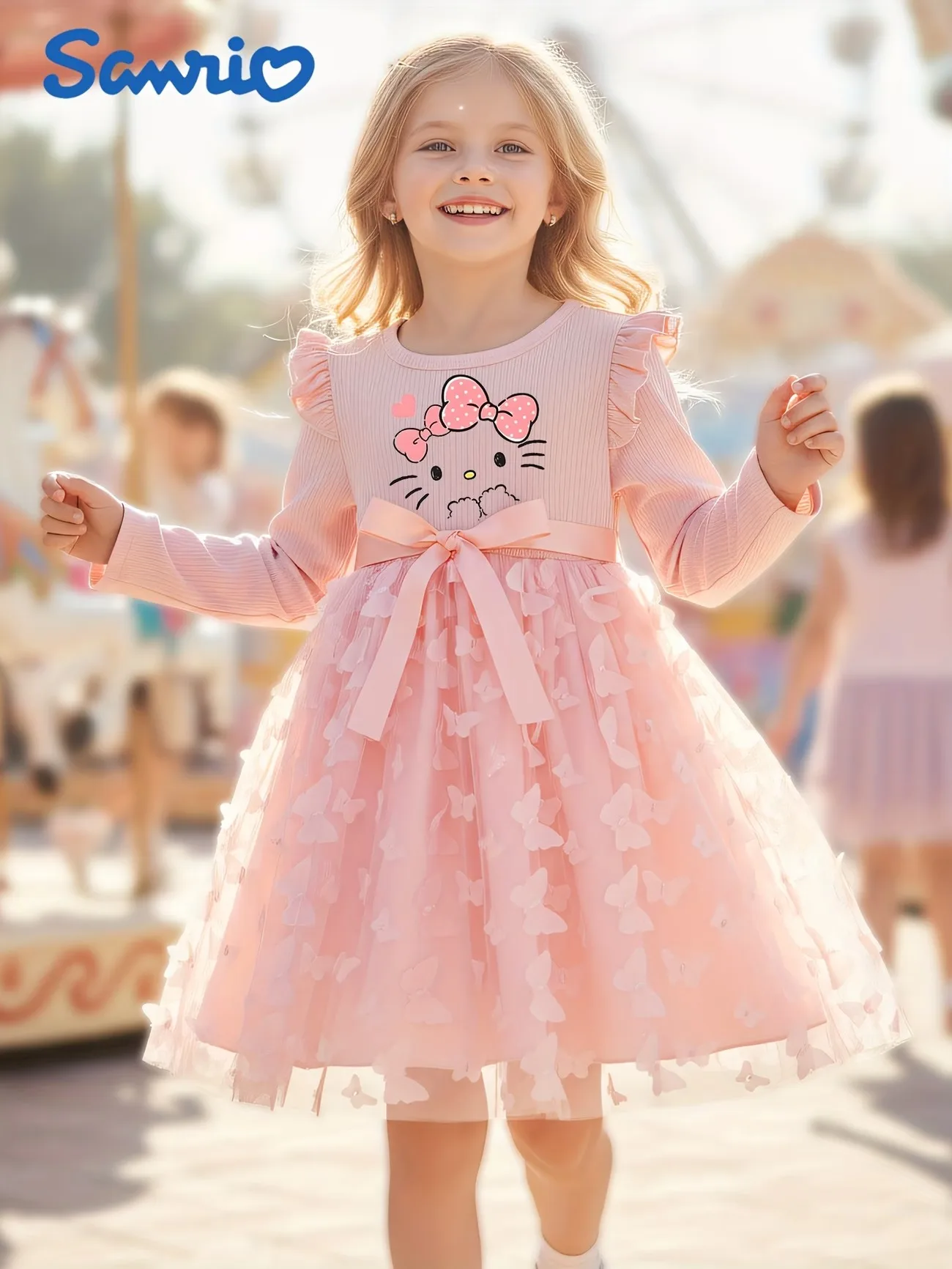 Sanrio Hello Kitty Mädchen Prinzessinnenkleid, Rosa 3D-Schmetterling Tüll Puffrock für den Herbst