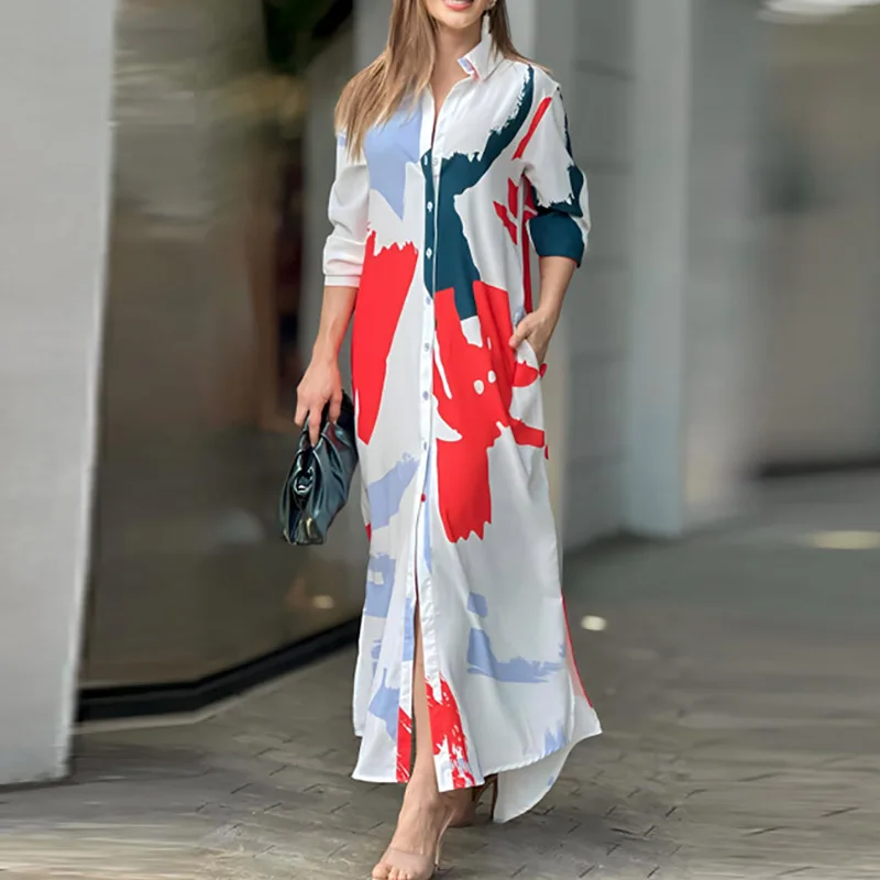 

Women Pattern Print Lapel Long Dress Autumn Casual Long Sleeve Single Breasted Shirt Dress Fashion Commuter Pocket Loose Dresses