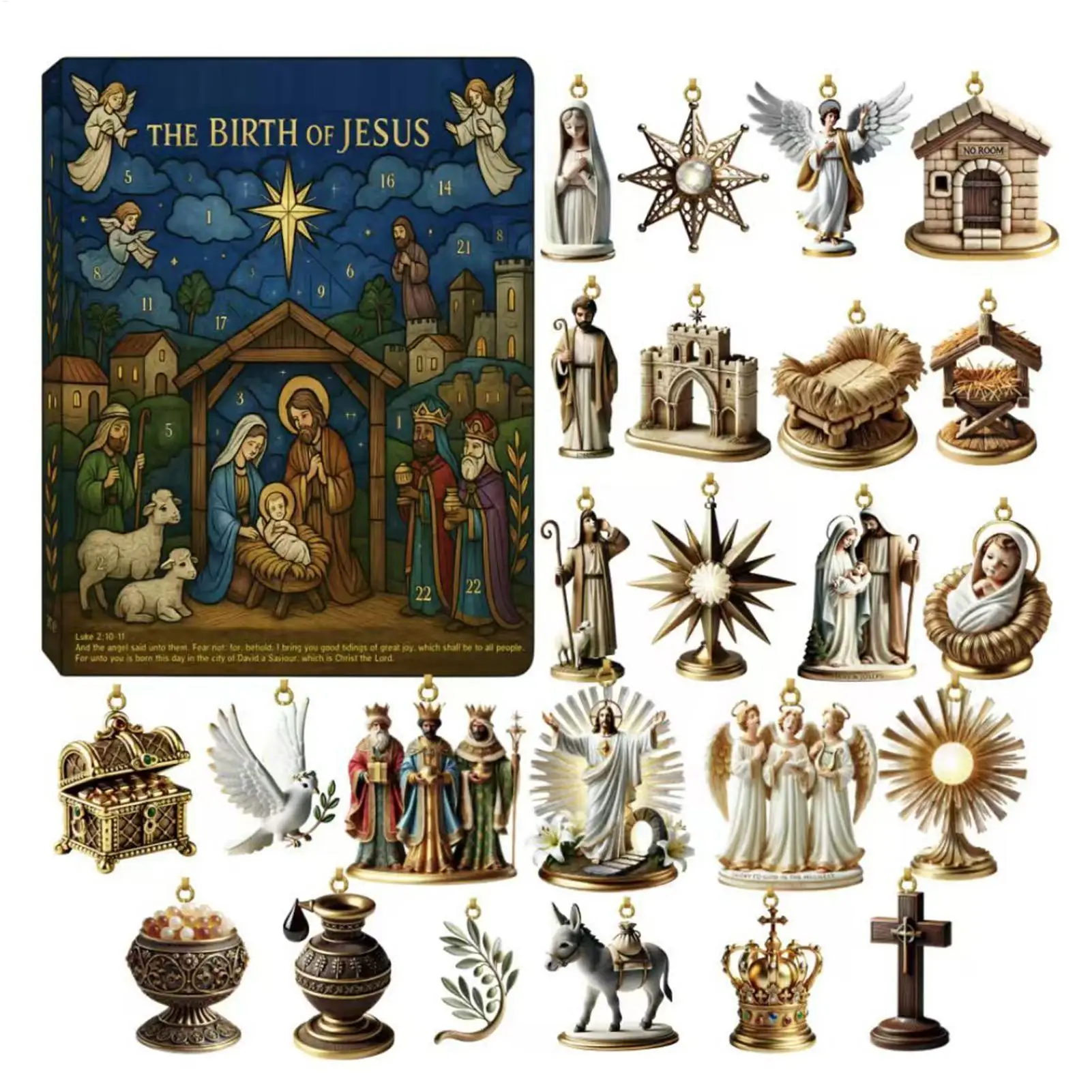 Christmas pendant Advent calendar 24-Pendant Nativity of Jesus Countdown Calendar Nativity Figurine Set, Nativity Playset