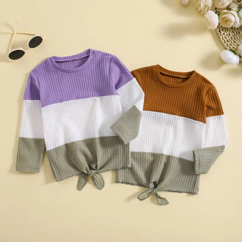 

Kids Girls T-shirt Long Sleeve Crew Neck Contrast Color Knotted Fall Tops Clothes for Casual Daily Fashion Children Outfit