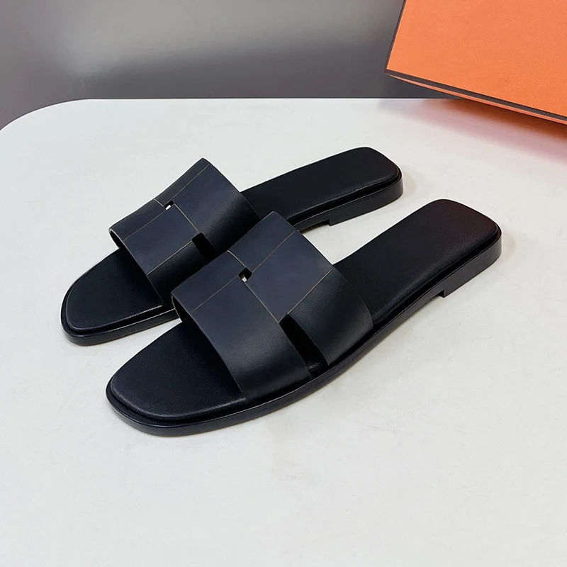

Summer New High-Quality Female Slippers Real Leather Material Open Toe Women Sandals Unique Upper Design Classic Home Shoes