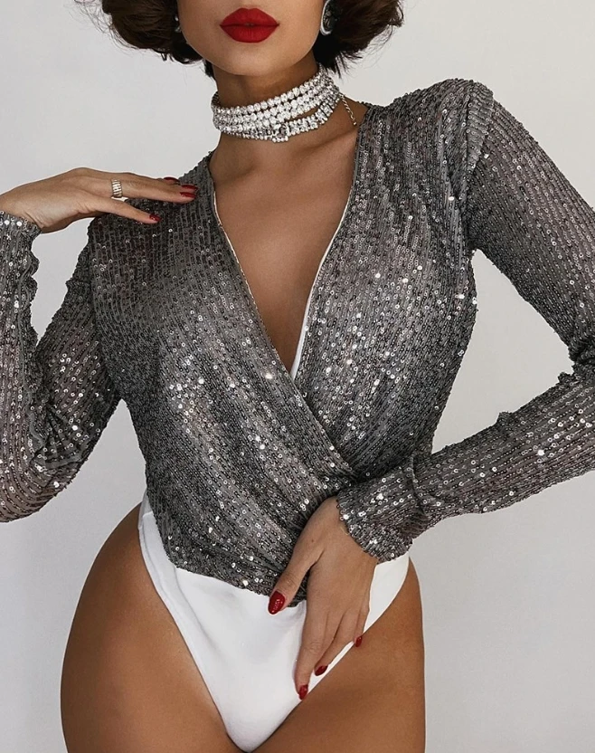 

Sweet and Fresh Women Clothing 2023 Summer New Fashion Casual Simple Long Sleeve Plunge Allover Sequin Overlap Bodysuit