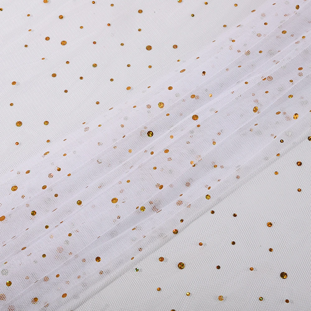 57in x 39in Sequin Mesh Lace Soft Sand Tulle Fabric for Wedding Princess Dress Sewing Gold Dot Yarn Multicolor DIY Decorations