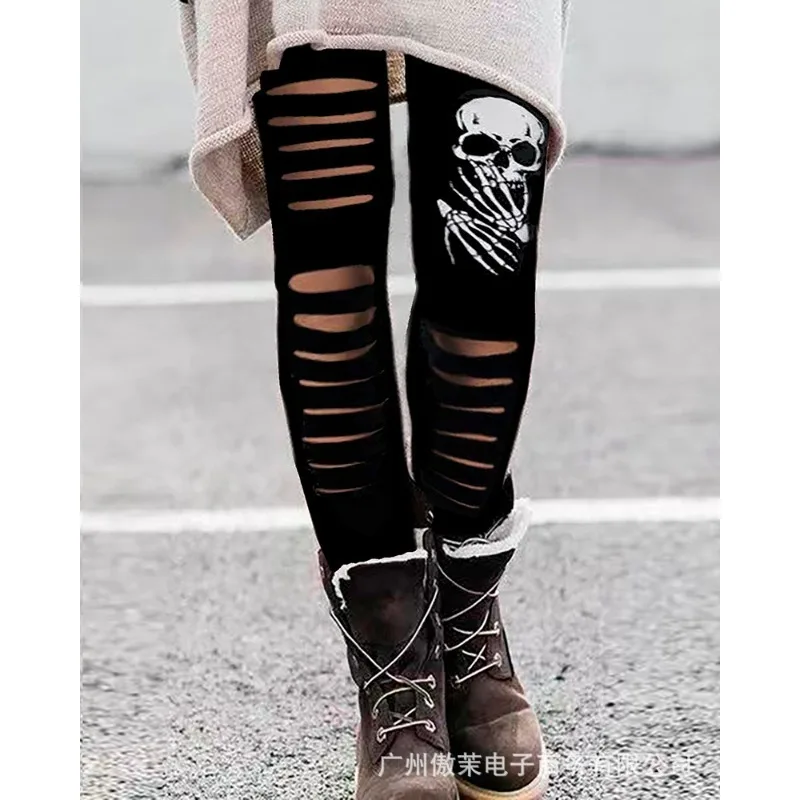 

2023 Summer Women's Leggings Fashion All-Match Casual Tight Halloween Printed Hollow Thin Trousers