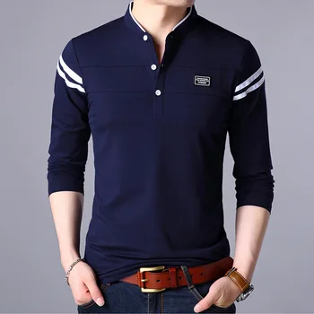 Men T Shirt Man Long Sleeve Tshirt Men's Clothing Fashion Casual Classic Mandarin Collar T-Shirts Cotton Tops Tees Male Tshirts