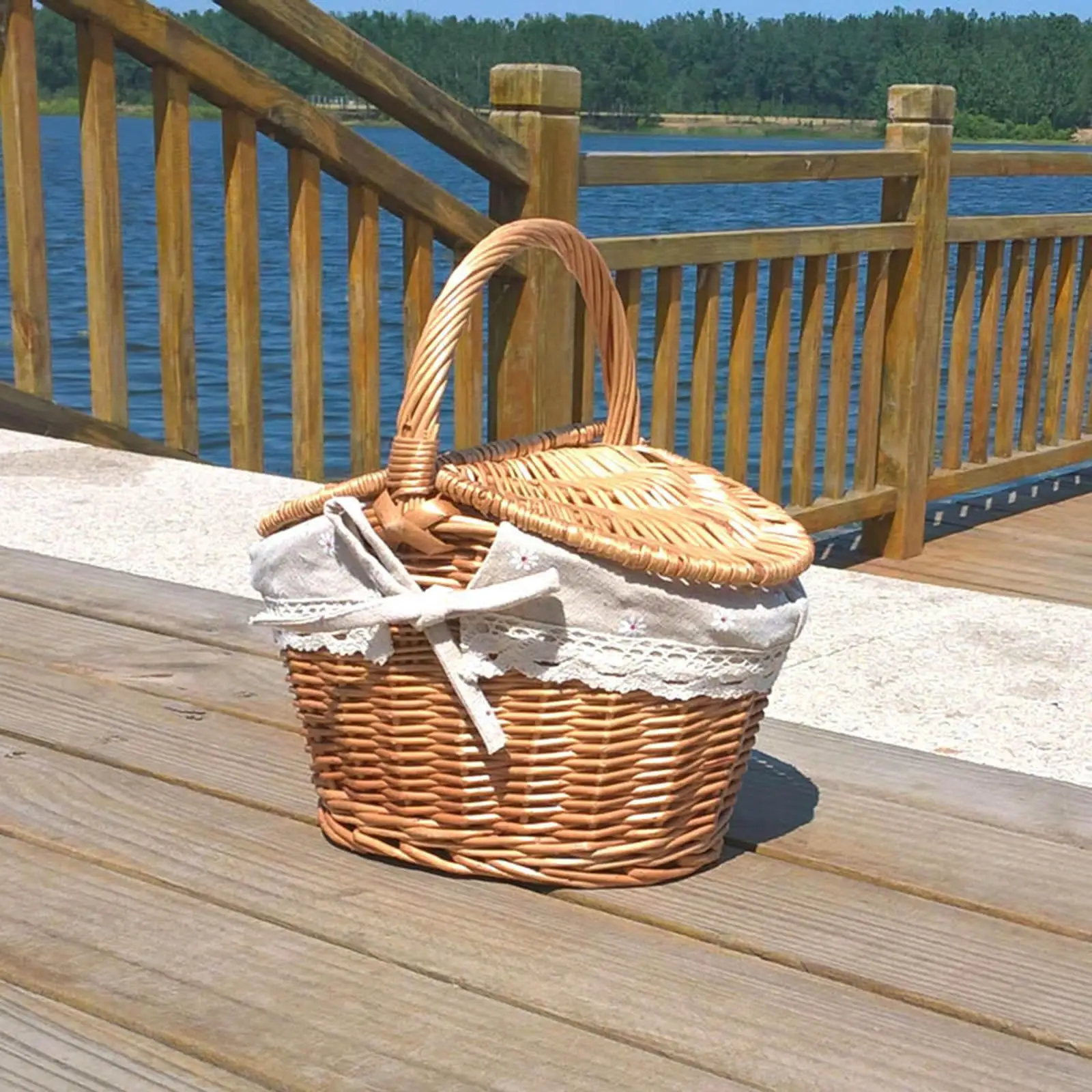 Handwoven Wicker Picnic Basket Rattan Storage Container Serving Basket with Washable Lining for Outdoor Camping Picnic