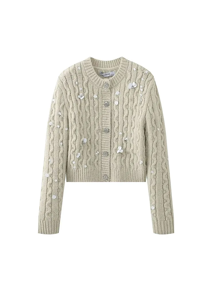 

ZADATA new autumn and winter women's fashion versatile sequined simple O-neck commuting long-sleeved knitted cardigan
