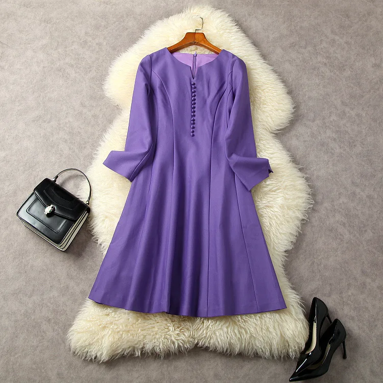

European and American women's clothing for autumn/Winter 2022 Long-sleeved V-neck button trim Fashionable Purple dress