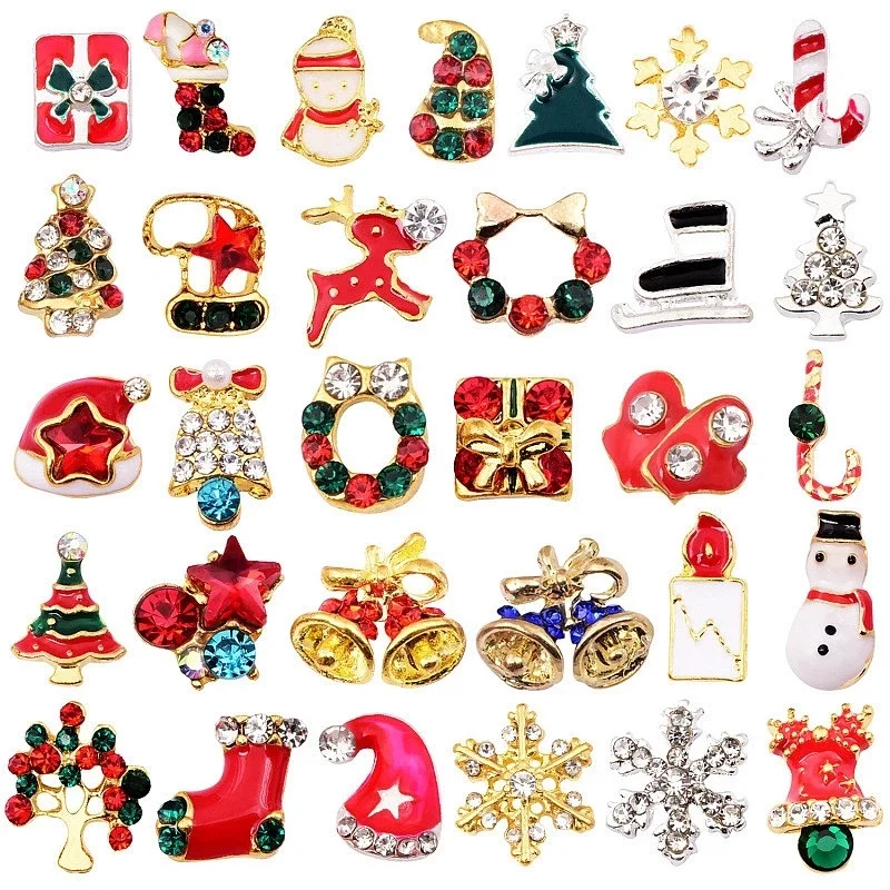 

10pcs New Mix Merry Christmas Nail Charm Alloy Diamond Nail Rhinestone Decorati X'mas Tree Elk Santa DIY Nail Accessory Supplies