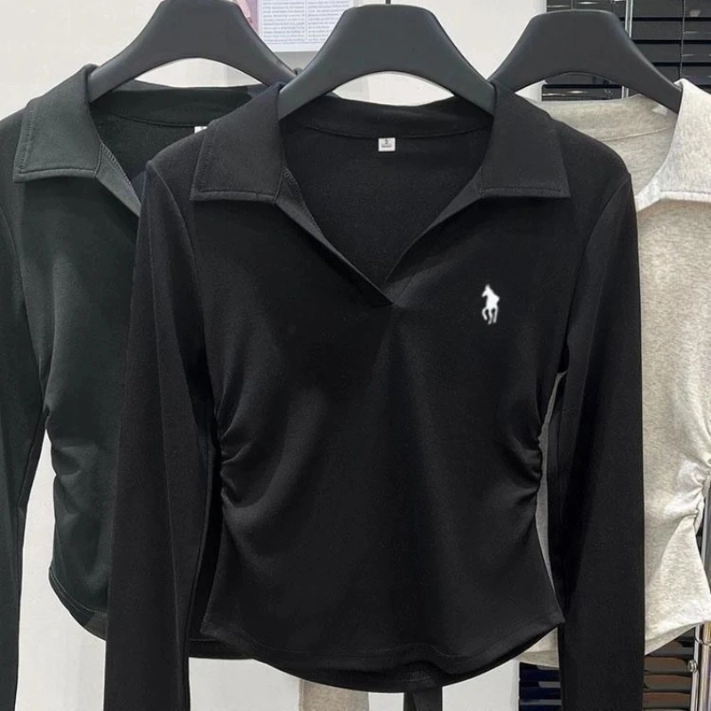 Polo Neck Embroidery Pleated Short Tops Spring Autumn Long Sleeve Slim All-match Casual T Shirts Fashion Vintage Women Clothing 3