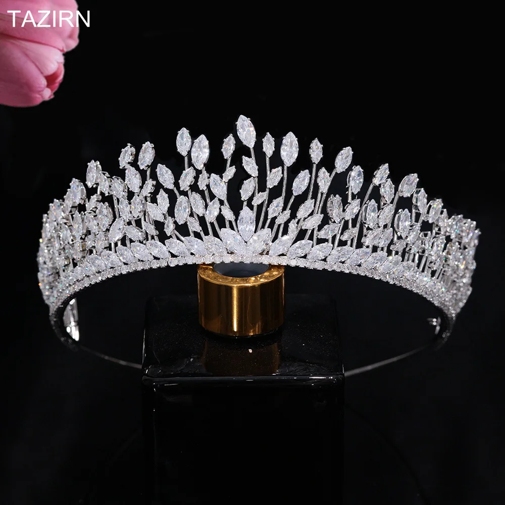 

Женская свадебная тиара и корона TAZIRN, модная диадема с фианитом 5A, аксессуары для волос ручной работы из фианита для дня рождения