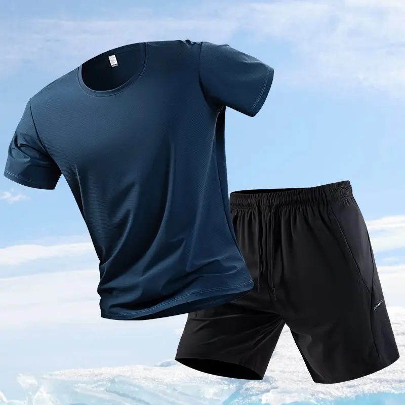 남성용 아이스 실크 반팔 셔츠 및 반바지 세트 통기성 가벼운 신축성 시원한 느..