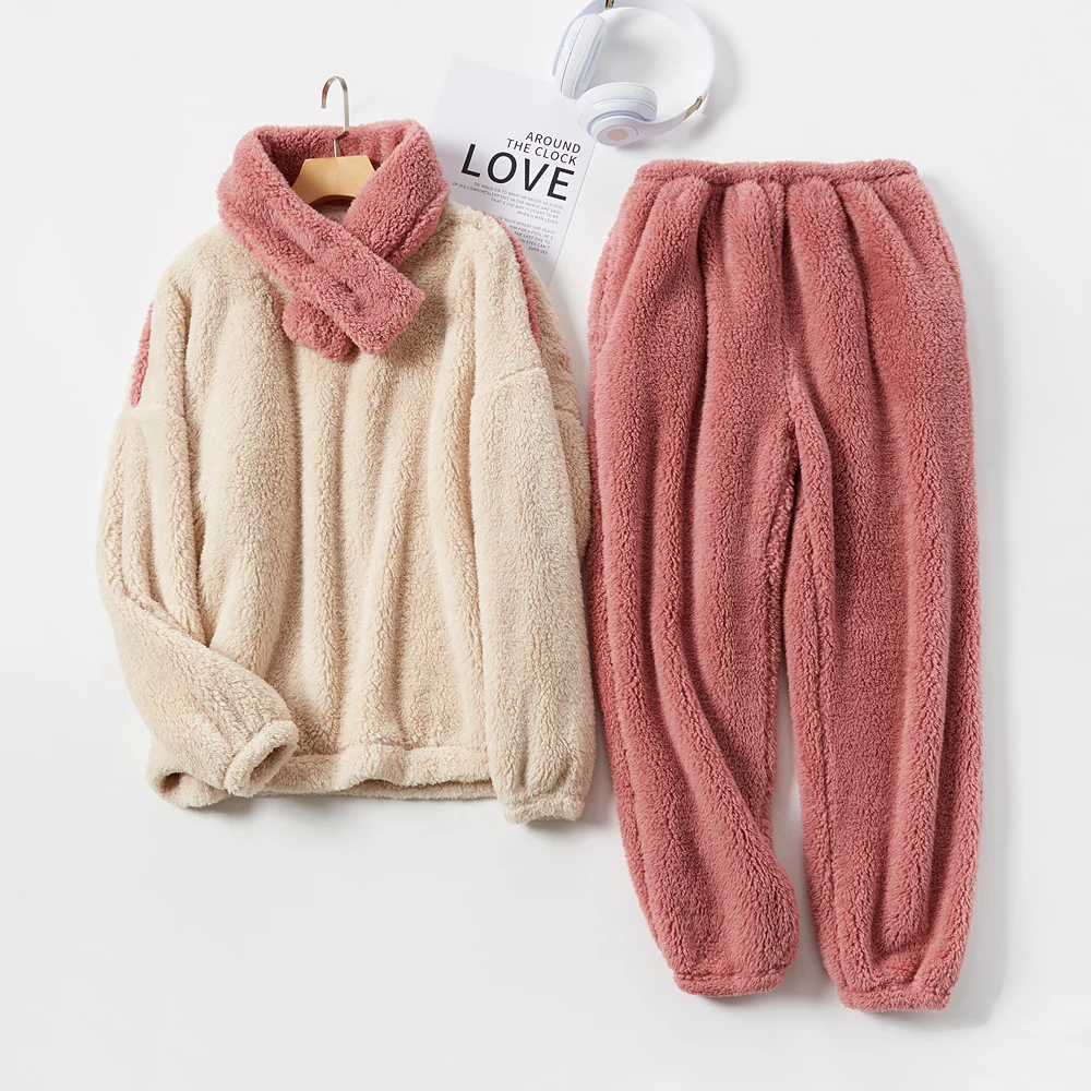 Winter Women Sleepwear Warm Pajama Set With Scarf Thicken Fleece Pijama Mujer Plus Size Pyjama Pour Femme Pullover Pant Homewear