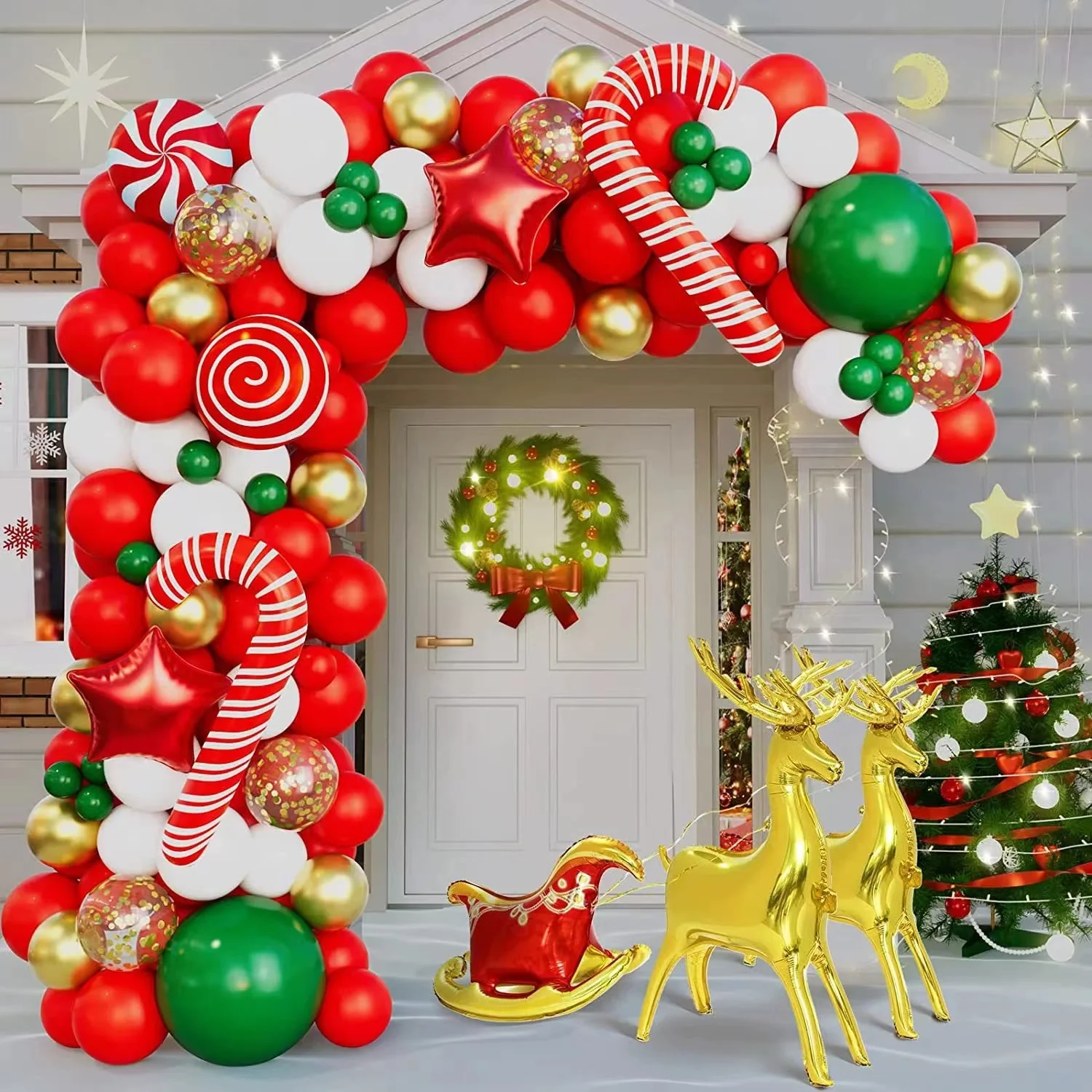 

New Christmas Deer Pull Balloon Chain Arch Set Christmas Themed Elk Sleigh Balloons Decorate The Arch