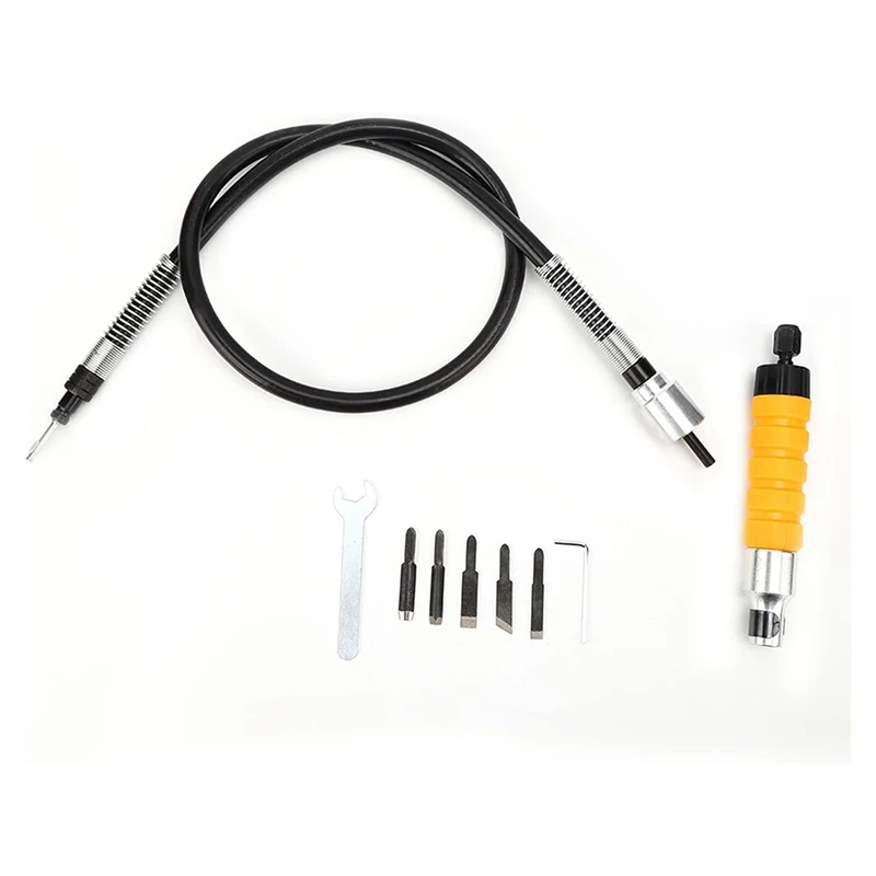 Hot SV-Electric Woodworking Carving Chisel Set With Yellow Handle For Effortless Wood Carving, Flexible Shaft, 5 Blades,