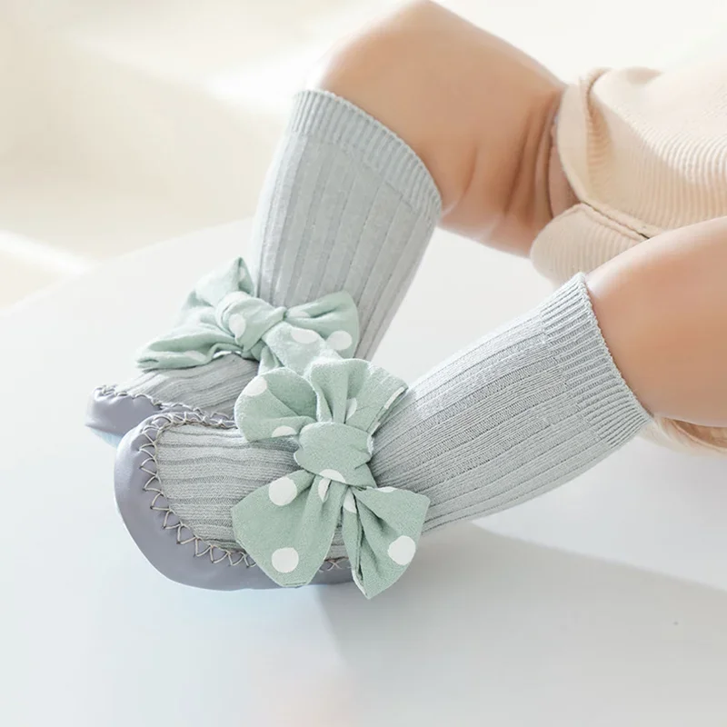 Cute Bow Anti-slip Newborn Floor Socks Spring Autumn Thermal Calf Home Slippers Stockings for Toddler Infant Baby Girls Clothes