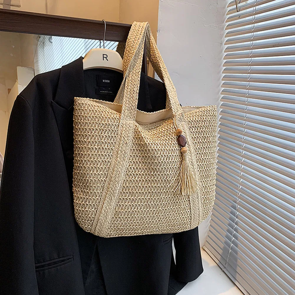 Woven Handbag Summer Tote with Tassel Pendant for Women