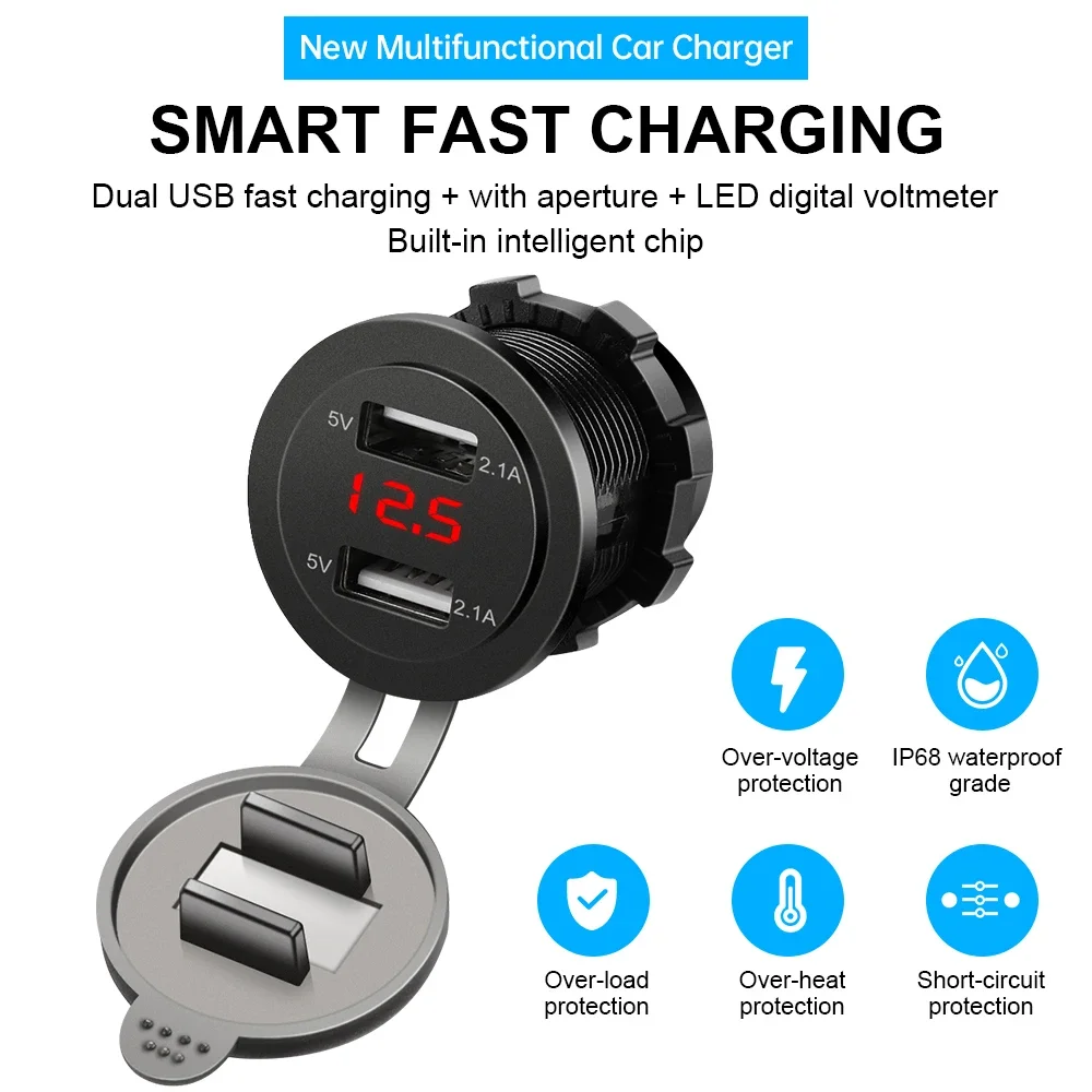 12V/24V USB Charger Motorcycle 4.2A Dual USB Cigar Lighter Socket Motorcycle Charger For Car