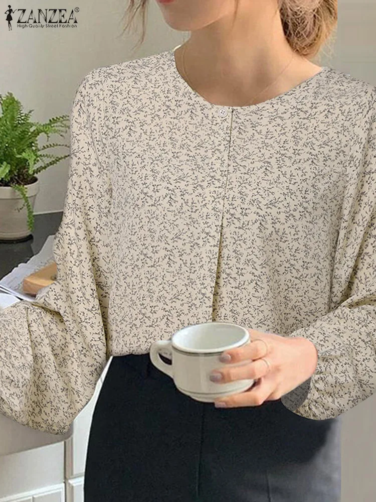 

ZANZEA Elegant Floral Print Blouse Women Lantern Long Sleeve Shirt 2024 Spring Vintage Pleating Tops Tunic Casual Loose Blusas