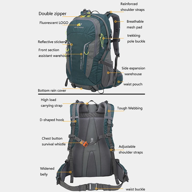 40L Men Unisex Outdoor Hiking Backpack Travel Pack Sports Bag Pack Fishing  Bag Climbing Camping Rucksack For Male Women Female