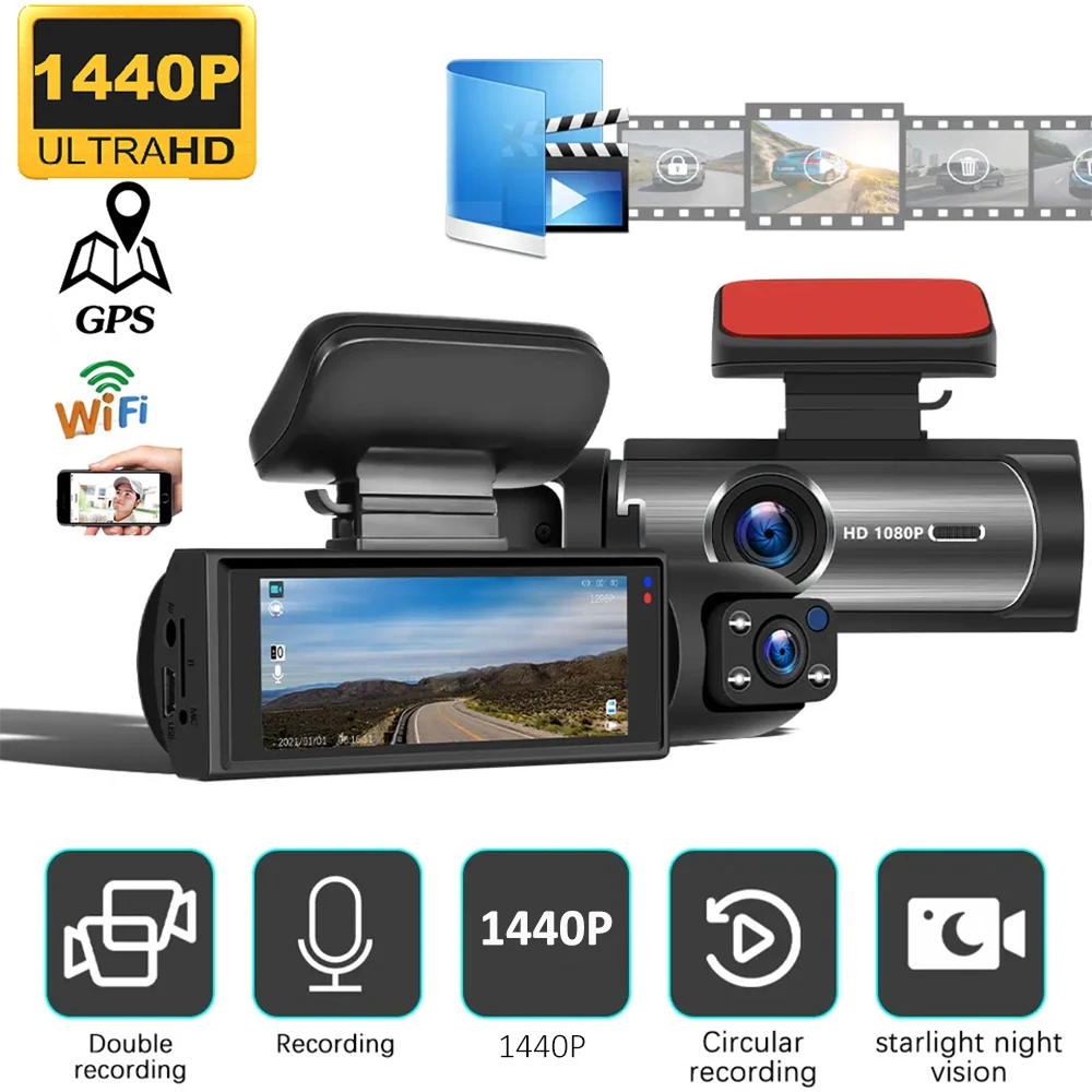 

3 Channel Dash Cam WiFi GPS Car DVR 2K 1440P Vehicle Camera Video Recorder Dashcam Black Box Rear View Camera Parking Monitor