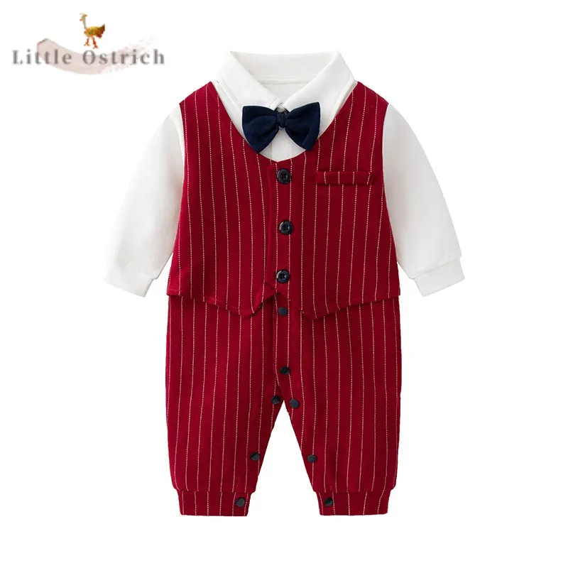 

Newborn Baby Boy Cotton Formal Romper Bowtie Long Sleeve Striped Jumpsuit Toddler Child Bodysuit Party Wedding Baby Clothes 0-2Y