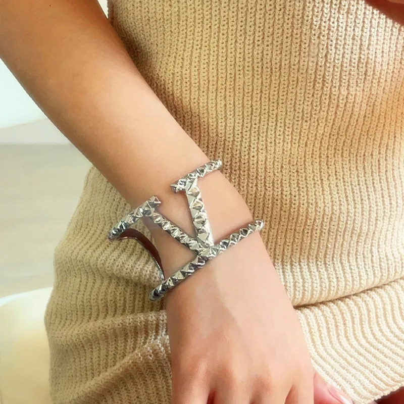 Fashion Heavy Metallic Big Statement Letter Wide Cuff Bracelets Bangles For Women Double Layers Punk Open Bracelet metal bracelet