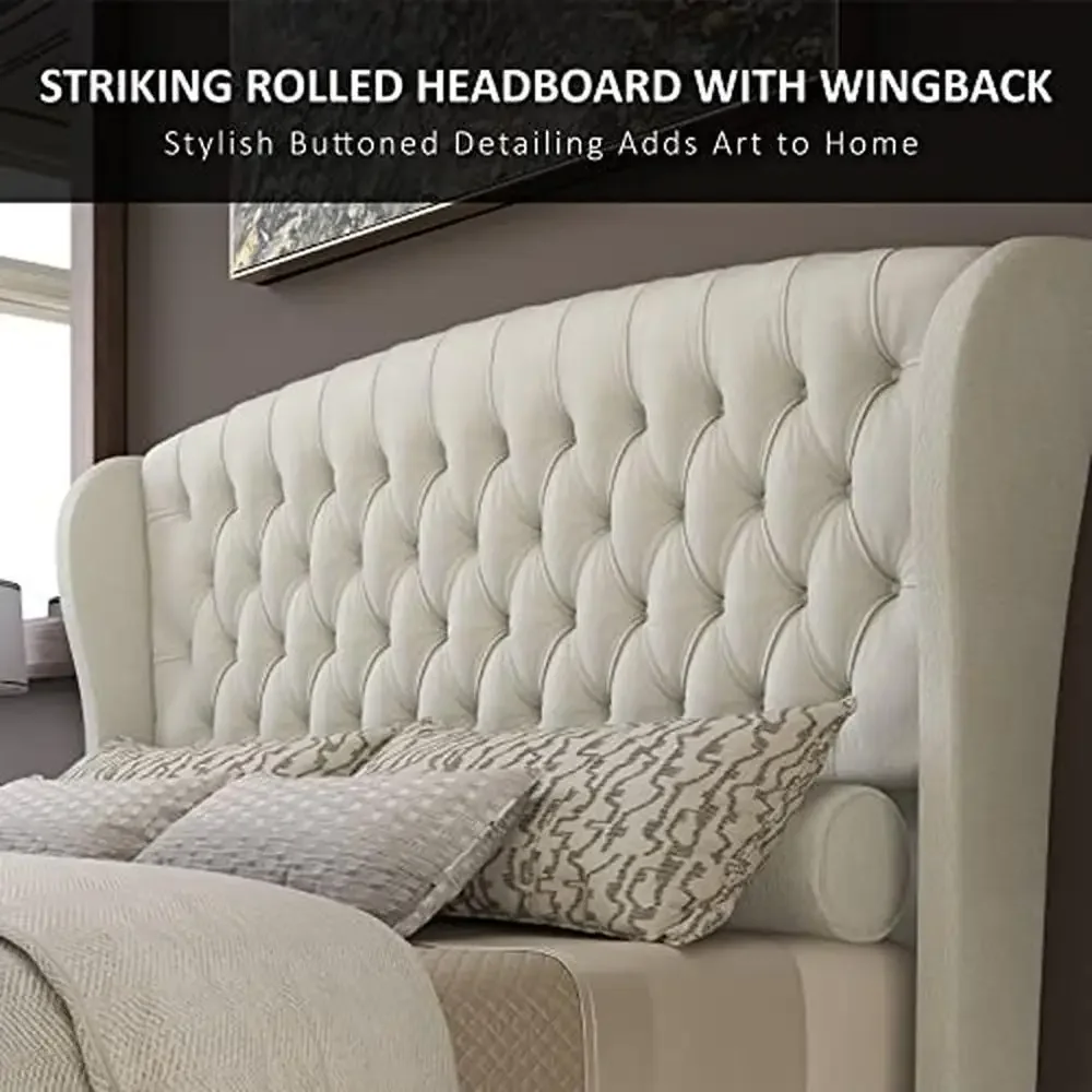 Chenille Upholstered Queen Size Sleigh Bed Scroll Wingback Headboard & Footboard Button Tufted Artisan Hand-Made No Box Spring 5
