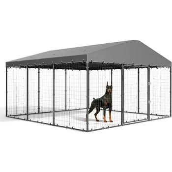 Large Outdoor Kennel with Fully Covered Roof Metal Galvanized Outdoor Dog Fence with Double Security Locks Waterproof Cover 1