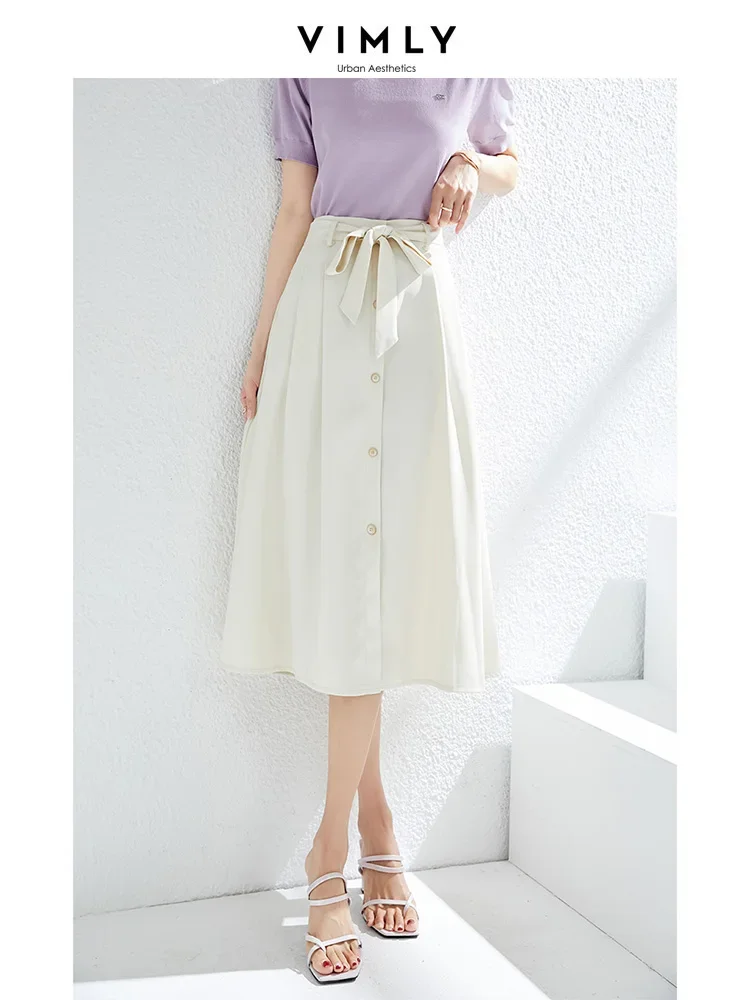 

Vimly Elegant Bow Lace-up Midi Skirt for Women 2023 Summer Drape Button Down A-line Swing Flowy Pleated Skirts with Pockets