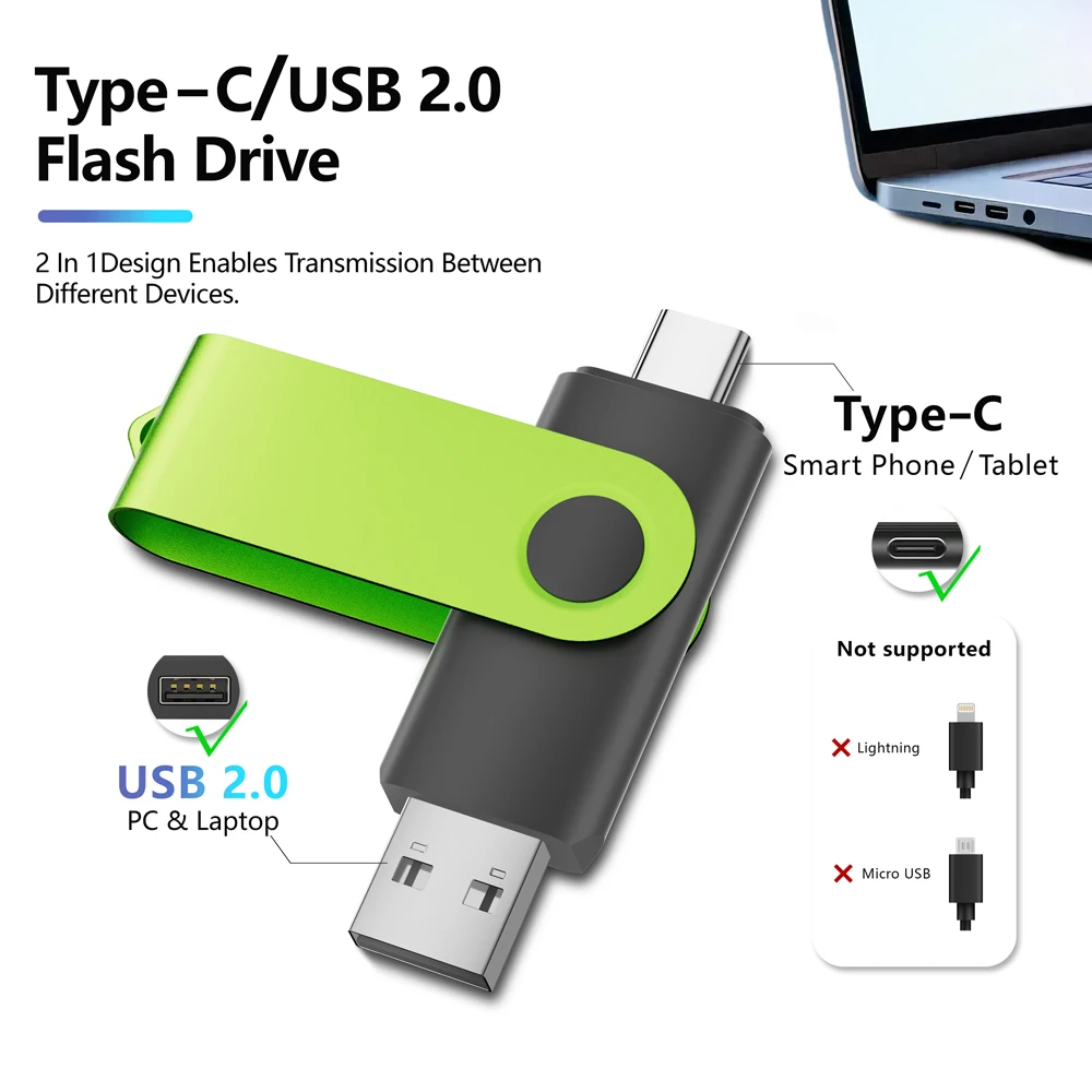 1개 무료 로고 증정 녹색 회전형 펜 드라이브 TYPE-C 2 in 1 USB 플래시 드라이브 8GB 128GB 녹색 휴대폰 고속 메모리 스틱 4GB