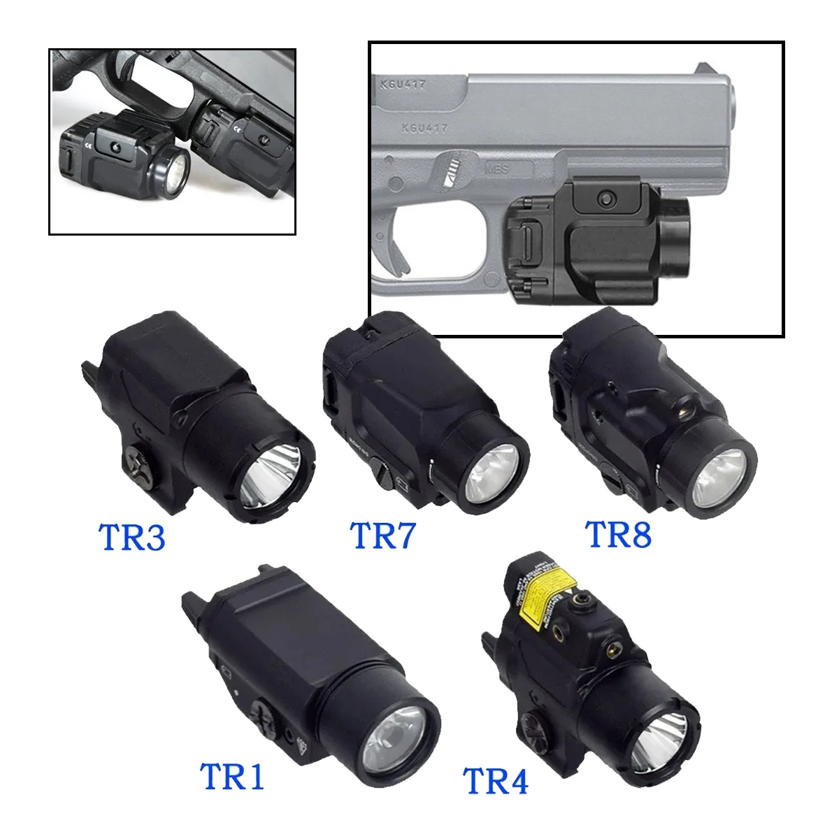 

TR8 TR7 TR1 TR4 TR3 Tactical Scout Light LED Weapon Light for Pistol Glock 17 19 1911 Strobe Defense Flashlight Torch 20mm Rail