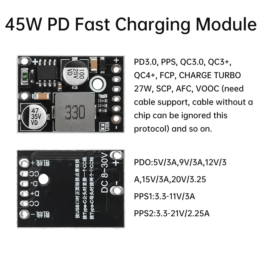 PD45w 고속 충전 모듈 납땜 와이어 출력 지지대, 애플 PD3.0 PPS 고속 충전 QC3.0, 화웨이 SCP VOOC12v24v 입력