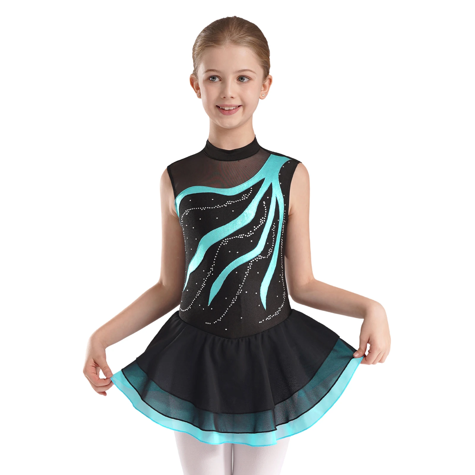 

Kids Girls Figure Skating Performance Clothing Shiny Rhinestones Sleeveless Dance Dresses Color Block Patchwork Skirt for Show