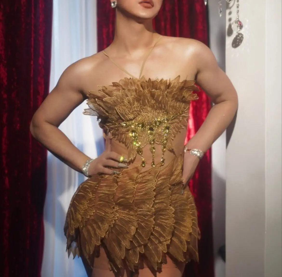 

Modern dance Show Costume Sexy women gogo Party Rhinestone Gold Dress