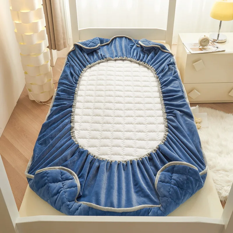 New Milk Plush Cotton Fitted Sheet Single Piece Thickened Coral Plush Mattress Protector Winter Fitted Sheet Cover