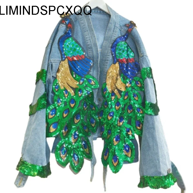 

Trendy Brand V-neck Peacock Sequined Long-Sleeved Denim Jacket Women Spring Autumn New Short Waist-Tight Denim Coats