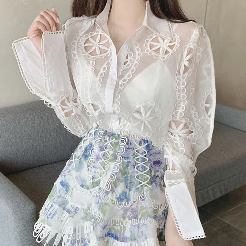 Women Lace See Through Blouse Casual Tops