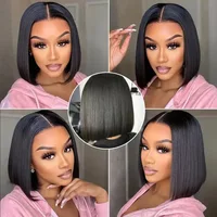 Perruque Lace Front Wig synthétique lisse Bob courte, couleur noire naturelle, 13x4x1, naissance des cheveux pre-plucked, cheveux de bébé, Cosplay, pour femmes noires 4
