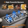 36 Inch Gas Cooktop, 5 Burner Gas Stove Top Total 34,588 BTU, Built-in Stainless Steel 36 Inch Gas Hob with Thermocouple Protect 3