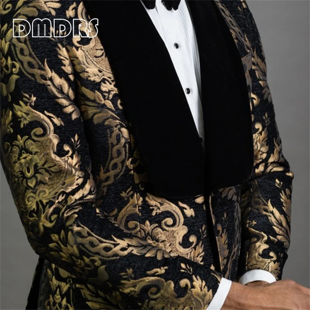 Floral Jacquard Blazer for Men Prom African Fashion Slim Fit with Velvet Shawl Lapel Male Suit Jacket for Wedding Groom Tuxedo