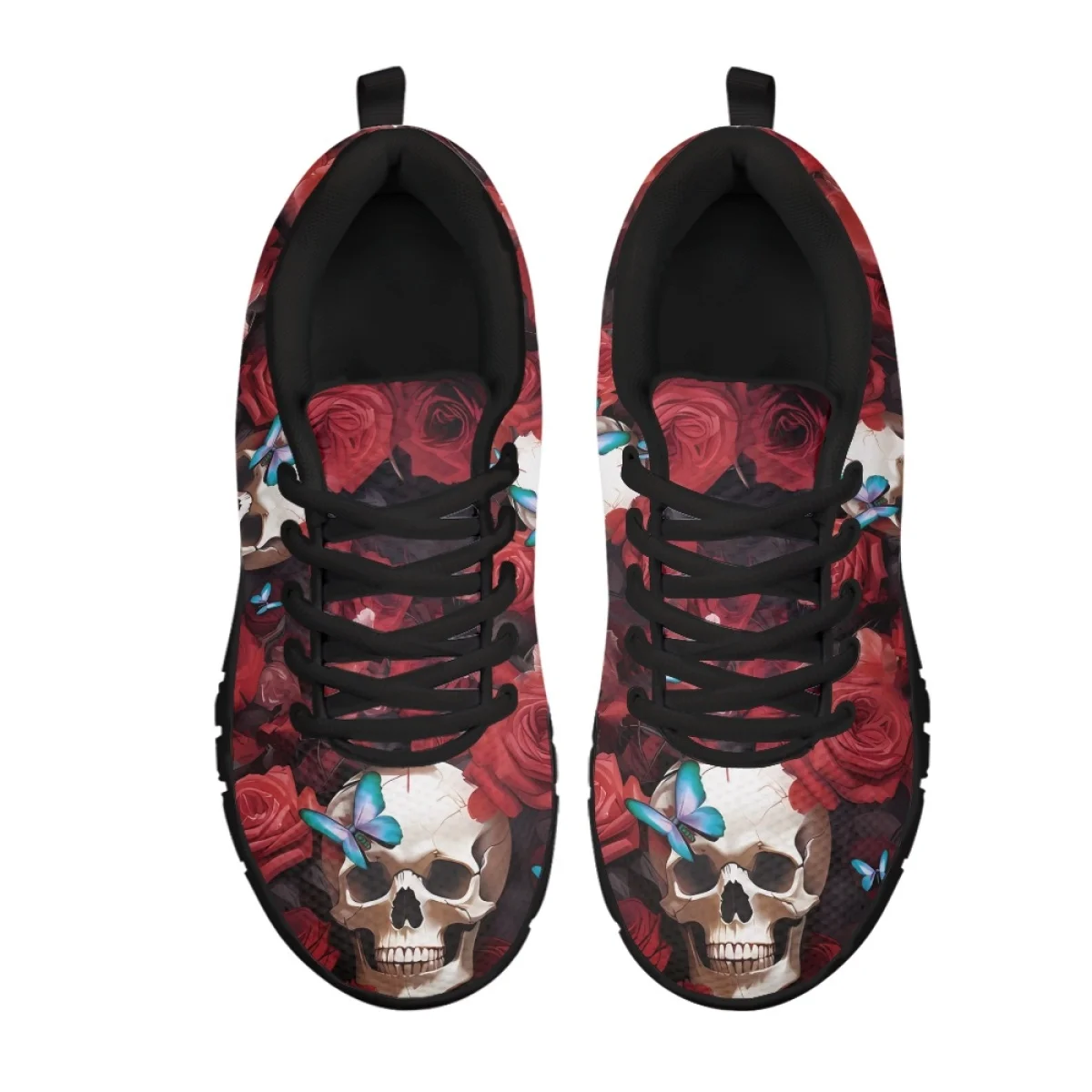 INSTANTARTS Pretty Red Flower Skull Gothic Design Casual Sneakers for Women Lightweight Walking Flats Non-Slip Vulcanized Shoes
