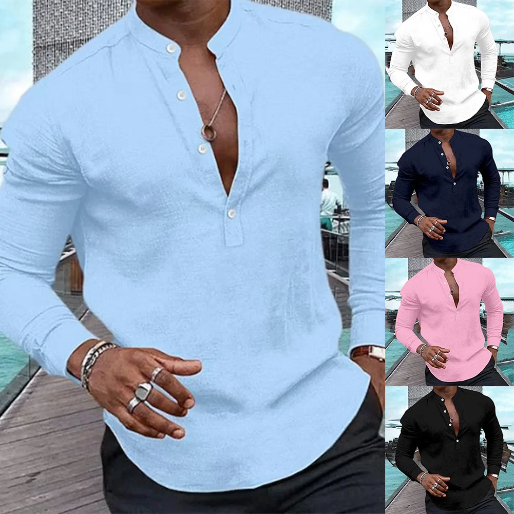 

Autumn New Mens Casual Loose Long Sleeve Button-Down Shirt Blouse Henley V-Neck Tops Solid Color T-Shirts Business Mens Shirts