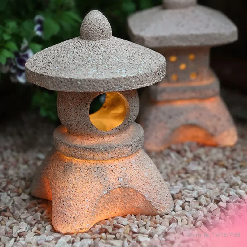 Japanese Zen Stone Tower Solar Lamp Outdoor Landscape Courtyard Creative Garden Decoration Small Night Lamp, Antique Palace Lamp