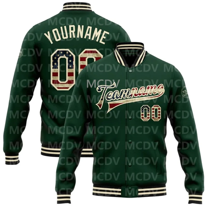 Custom Green Vintage USA Flag Or-Black Bomber Full-Snap Varsity Letterman Jacket  Baseball Button Jacket