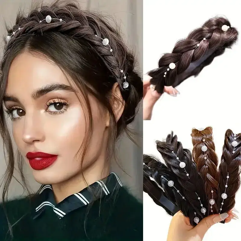 Diadema Trenzada De Pelo Sintético - Estilo Chunky, Elástica, Resistente Al Calor (120°C), Color Sal Y Pimienta, 54g