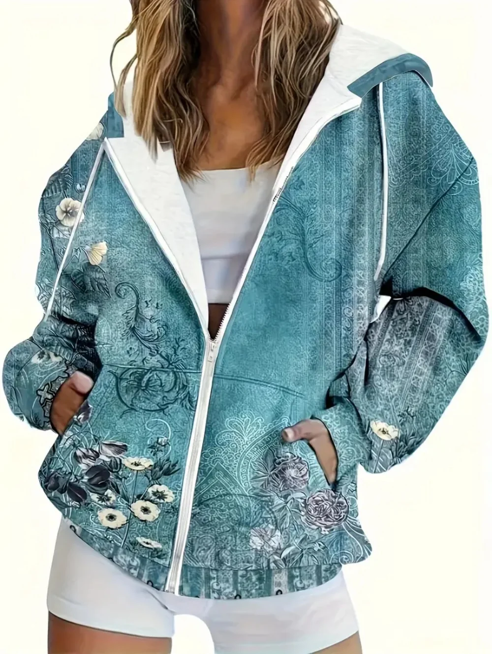 Lässiges Damen-Kapuzenpullover mit Blumendruck, elegant, Lavendel, langärmelig, mit Taschen, Damenpullover, bequem, Übergröße, Kapuzenpullover mit Reißverschluss – Detail 7