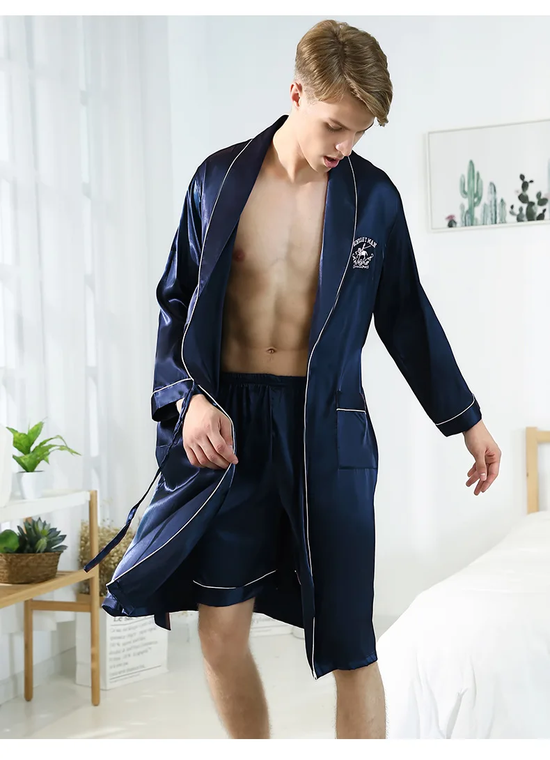 Plus Size Stain Men Pajamas Glossy Silk-like Bathrobe with Shorts Or Pants Sleepwear Nightwear Male Homewear Loungewear plaid pajama pants